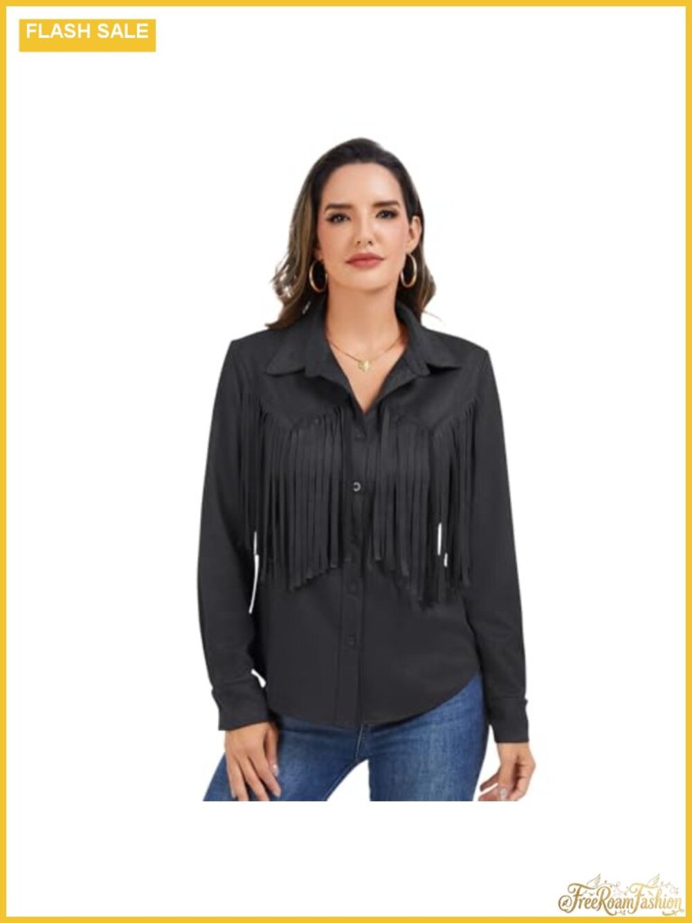 Women's Fringe Suede Shirt Jacket, Long Sleeve Western Cowboy Button Up